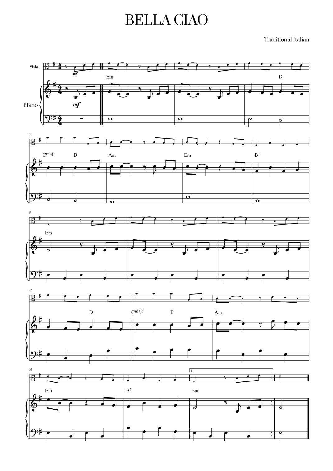 Bella Ciao for Viola and Piano (arr. Cadenza Editions)