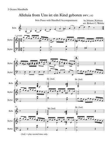 Alleluia for solo keyboard with handbells by Johann Kuhnau in BWV 142 (2 octaves) (arr. Robert C. Walshe (rcwalshe@gmail.com))