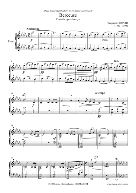 Berceuse from Jocelyn - Piano - Bb minor (arr. Anne L Christopherson GRSM ARCM)