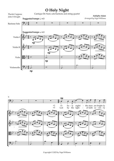 O Holy Night, for baritone solo and string quartet. (arr. Nigel Williams)