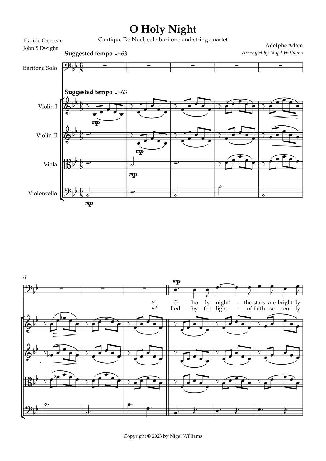 O Holy Night, for baritone solo and string quartet. (arr. Nigel Williams)