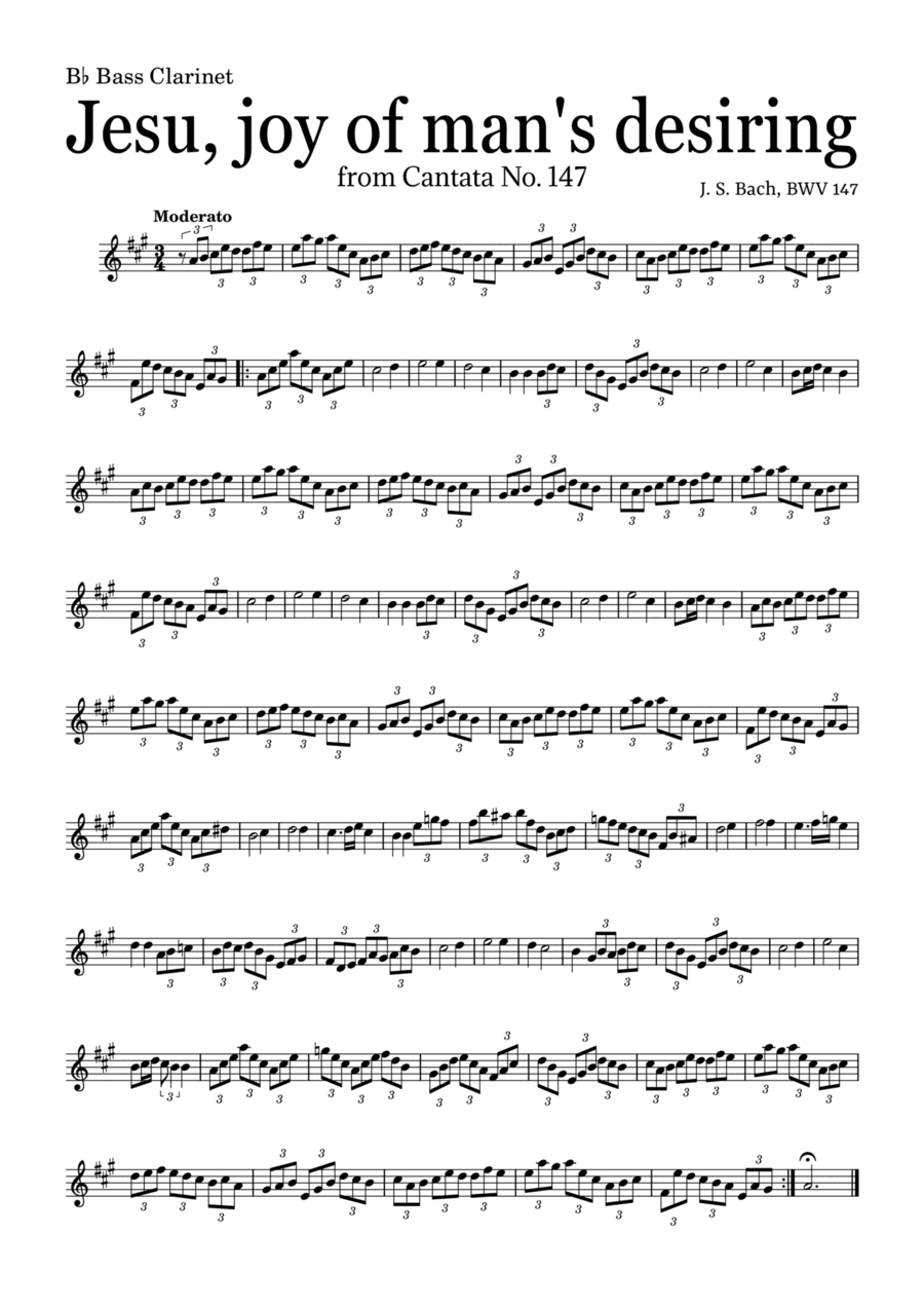 JESU, JOY OF MAN'S DESIRING by Bach - easy version for B? Bass Clarinet and piano with chords (arr. Leyandder Trustworthy)