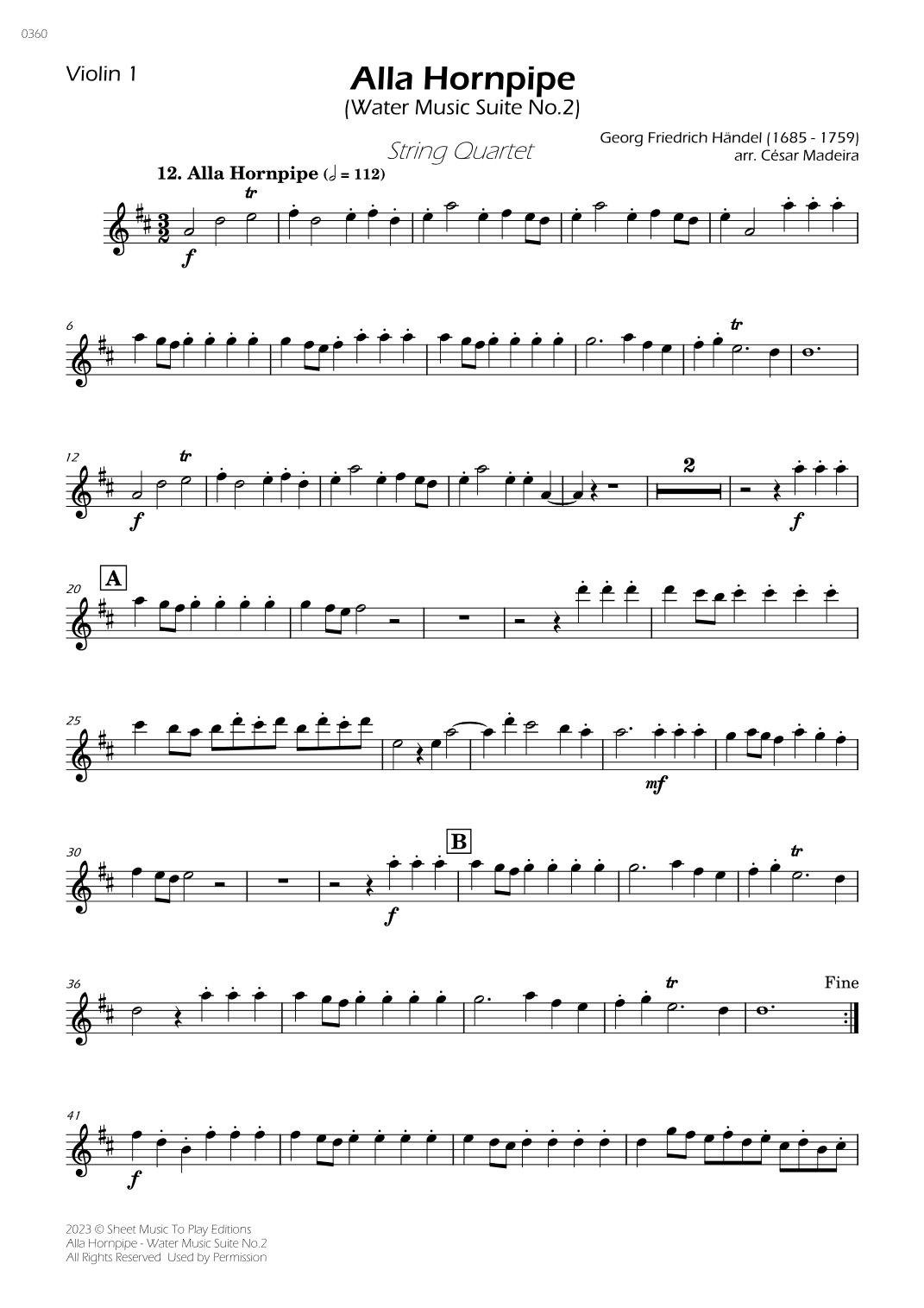 Alla Hornpipe by Handel - String Quartet (Individual Parts) (arr. César Madeira)