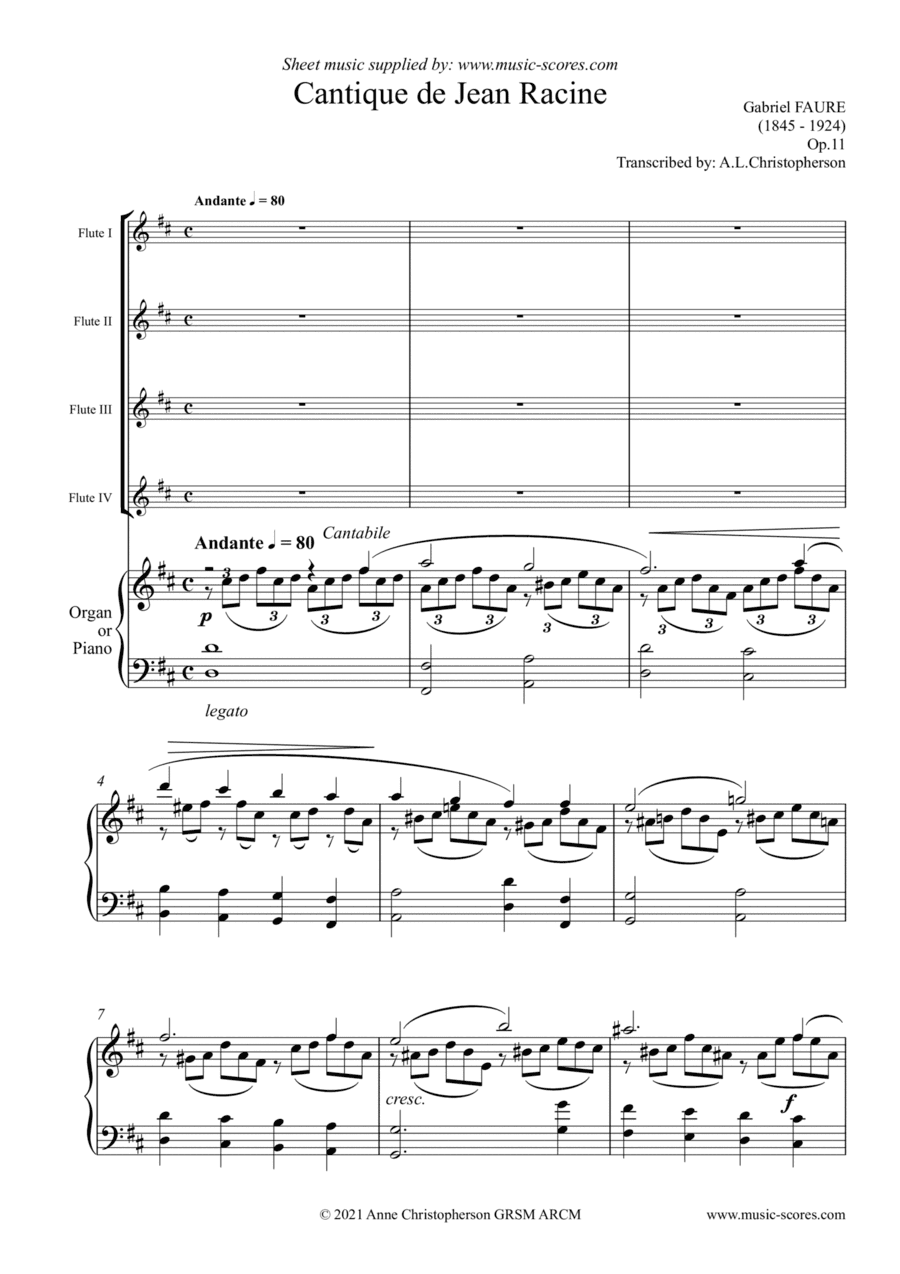 Cantique de Jean Racine - 4 Flutes and Piano (arr. Anne L Christopherson GRSM ARCM)