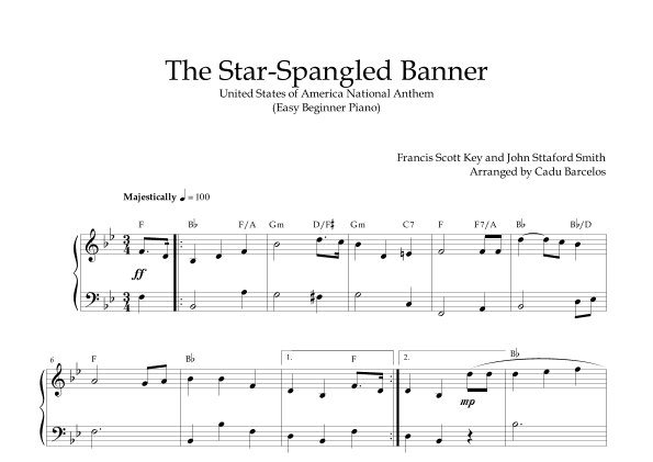 The Star-Spangled Banner - EUA Hymn (Easy Beginner Piano) Chords (arr. Cadu Barcelos)