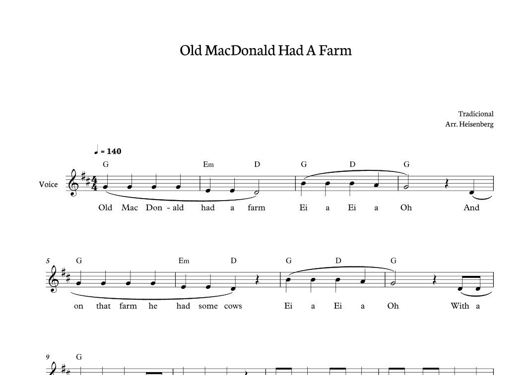 Old MacDonald Had a Farm for voice in D major (arr. Heisenberg)