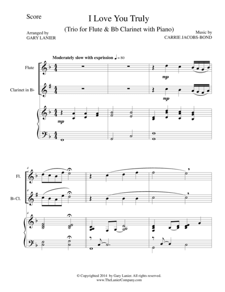 I LOVE YOU TRULY (Trio – Flute, Bb Clarinet, and Piano with Score and Parts) (arr. Gary Lanier)