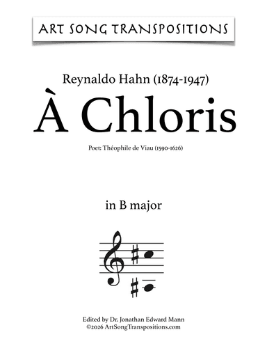 HAHN: À Chloris (transposed to B major) (arr. ArtSongTranspositions.com)