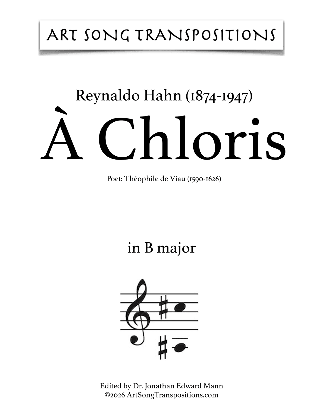 HAHN: À Chloris (transposed to B major) (arr. ArtSongTranspositions.com)