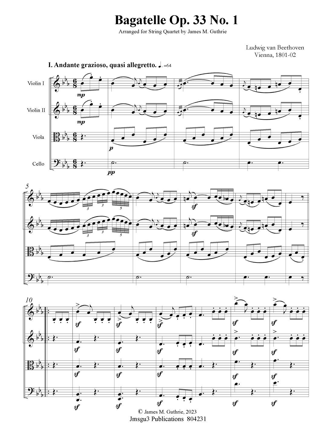 Beethoven: Bagatelle Op. 33 No. 1 for String Quartet (arr. James M. Guthrie, ASCAP)