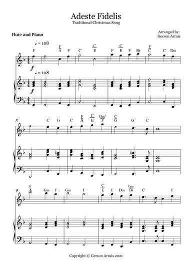 Adeste Fidelis - Traditional Christmas Song - for Flute and Piano - Score and Parts (arr. Gerson Arrais)