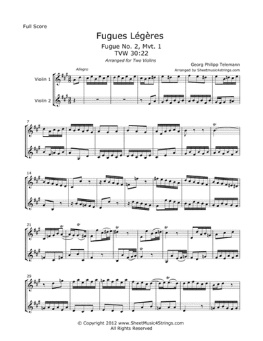 Telemann G. - Fugues Legeres for Two Violins (arr. Linda M. Scott)