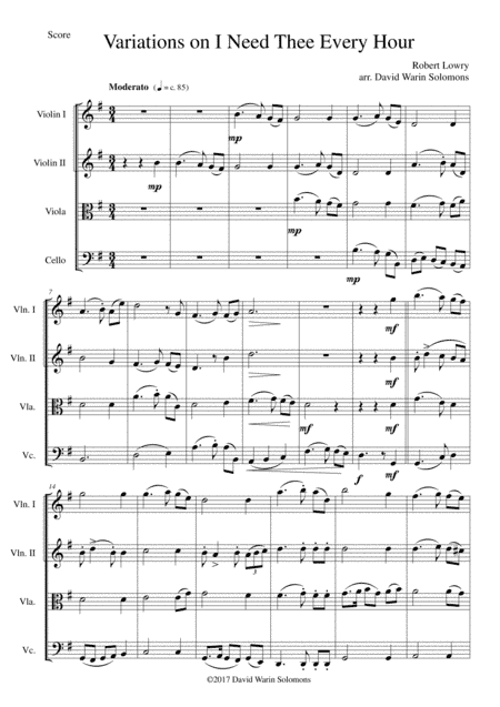Variations on I Need Thee Every Hour for String quartet (arr. David Warin Solomons)