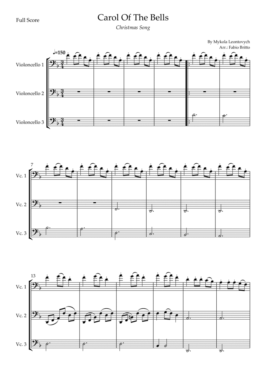 Carol Of The Bells (Christmas Song) for Cello Trio (D Minor) (arr. Fabio Britto)