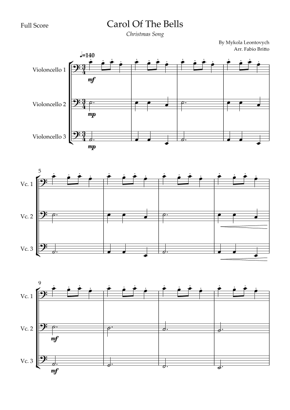 Carol Of The Bells (Christmas Song) for Cello Trio (arr. Fabio Britto)