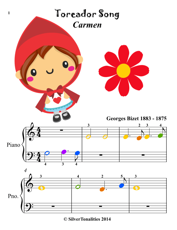 Toreador Song Carmen Beginner Piano Sheet Music with Colored Notes (arr. SilverTonalities)