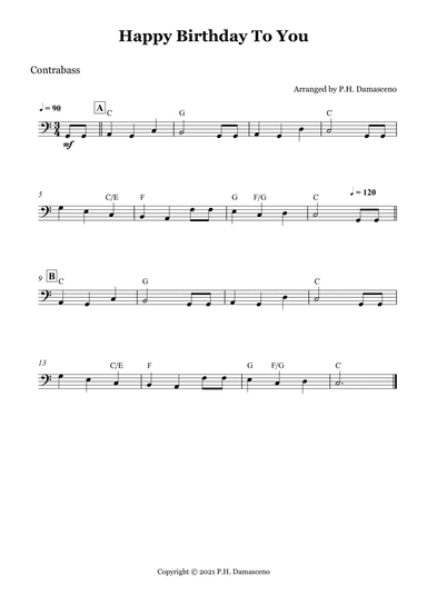 Happy Birthday To You - Contrabass Solo  with Chords (arr. P.H. Damasceno)