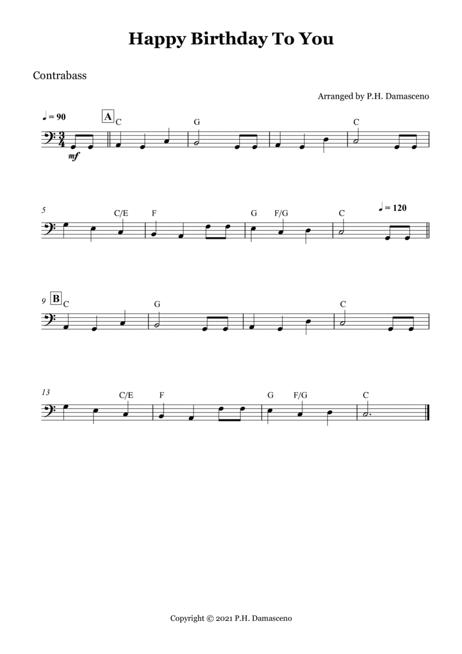 Happy Birthday To You - Contrabass Solo  with Chords (arr. P.H. Damasceno)