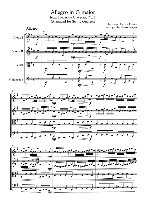 Allegro in G major, from Pièces de Clavecin, Op. 1 (Arranged for String Quartet) (arr. Pietro Prugna)
