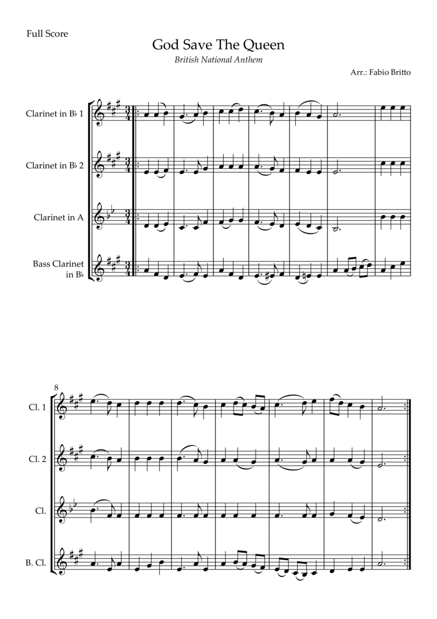 God Save The Queen (British National Anthem) for Clarinet Quartet (arr. Fabio Britto)