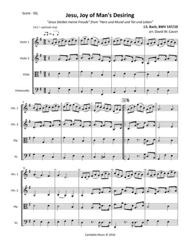 Jesu, Joy of Man's Desiring BWV 147-10 (Bach) STRING QUARTET (arr. David W. Cason)