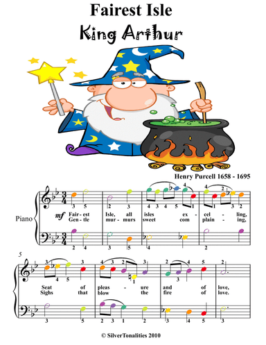 Fairest Isle King Arthur Easy Piano Sheet Music with Colored Notes (arr. SilverTonalities)