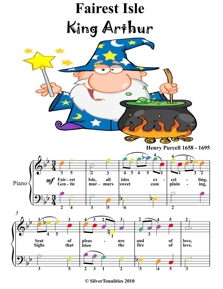 Fairest Isle King Arthur Easy Piano Sheet Music with Colored Notes (arr. SilverTonalities)