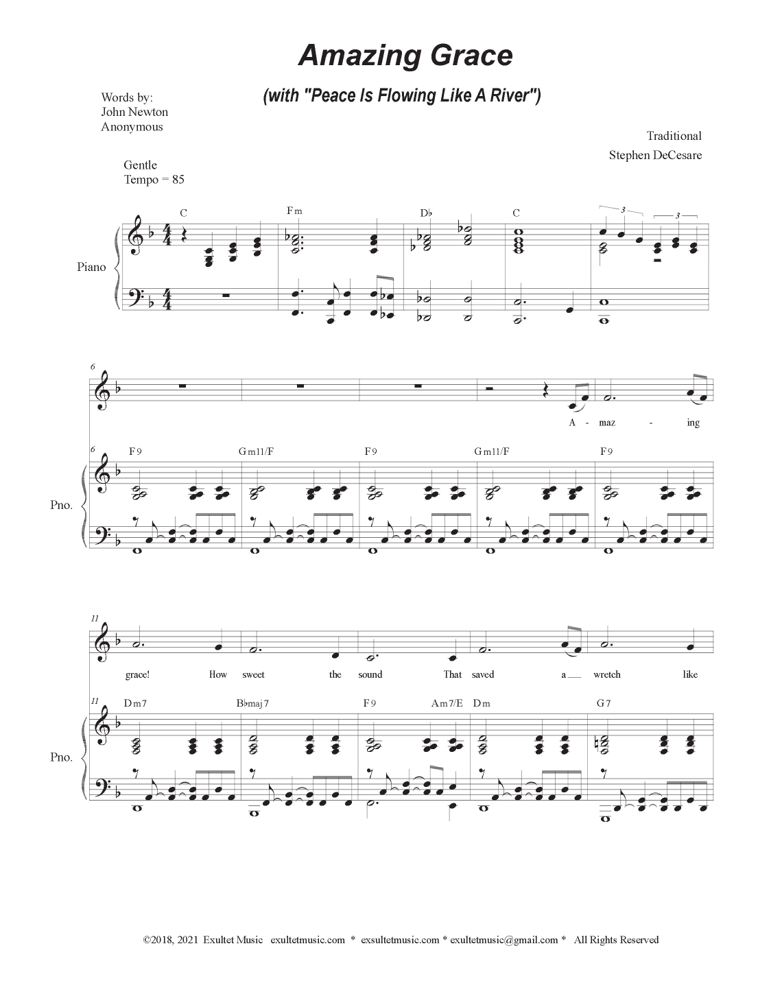 Amazing Grace (with "Peace Is Flowing Like A River") (Unison choir - (Medium Key) (arr. Stephen DeCesare)