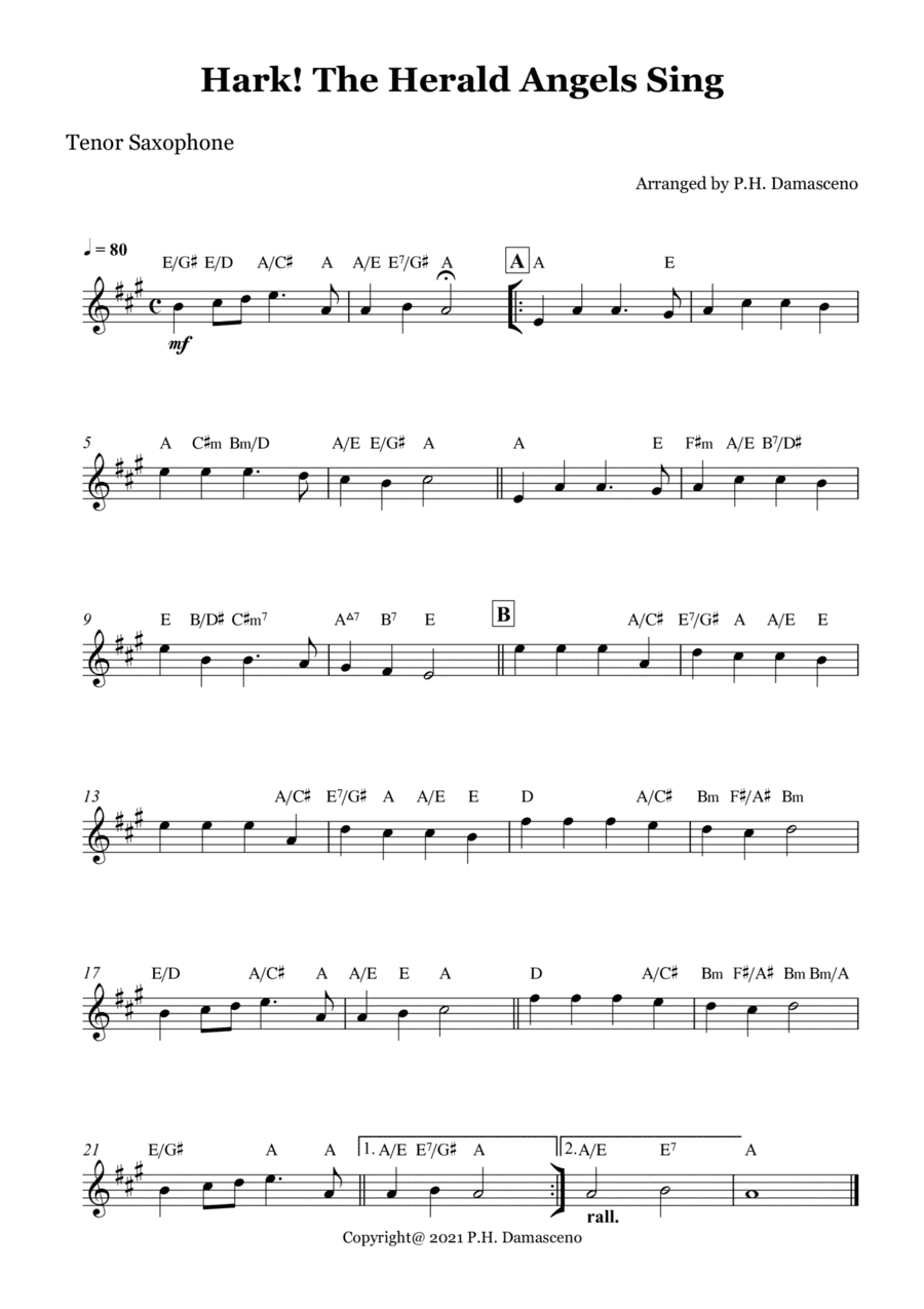 Hark! The Herald Angels Sing - Tenor Saxophone Solo with Chords (arr. P.H. Damasceno)