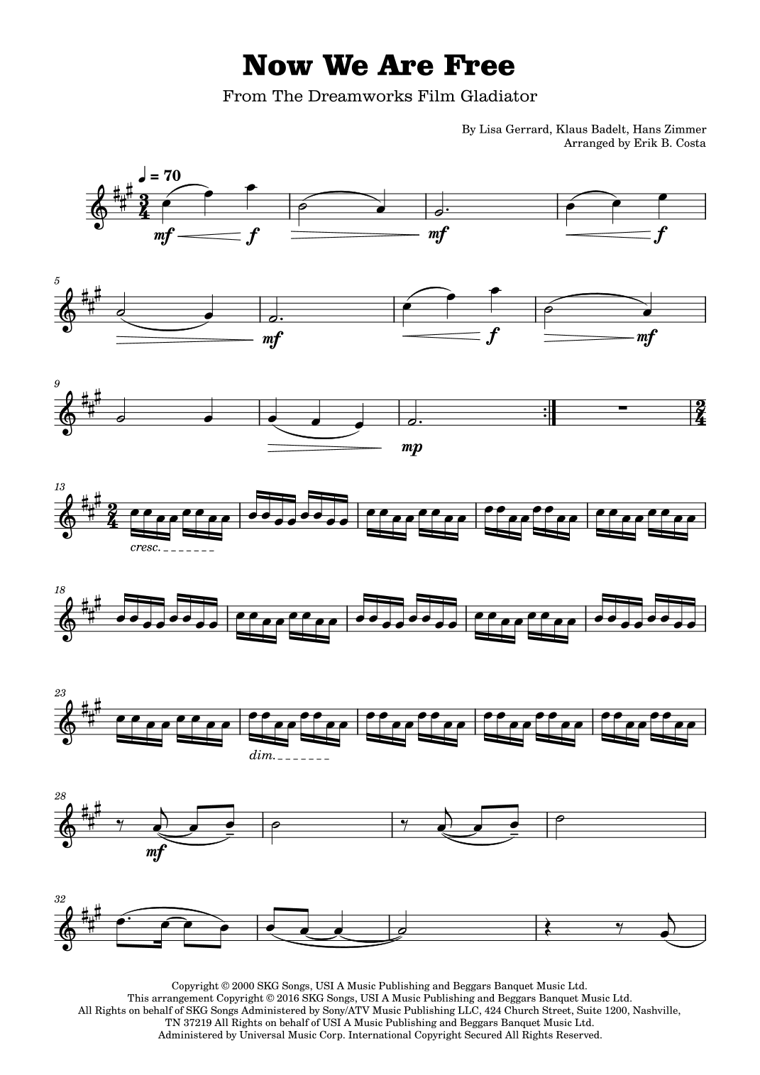 Now We Are Free (arr. Erik B. Costa)