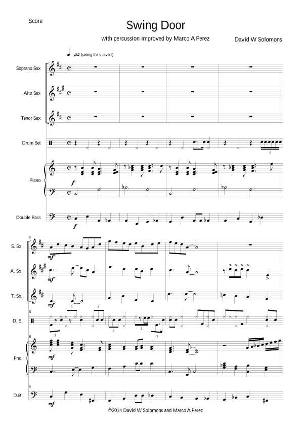 Swing Door for jazz group (saxophones, piano, percussion, bass)