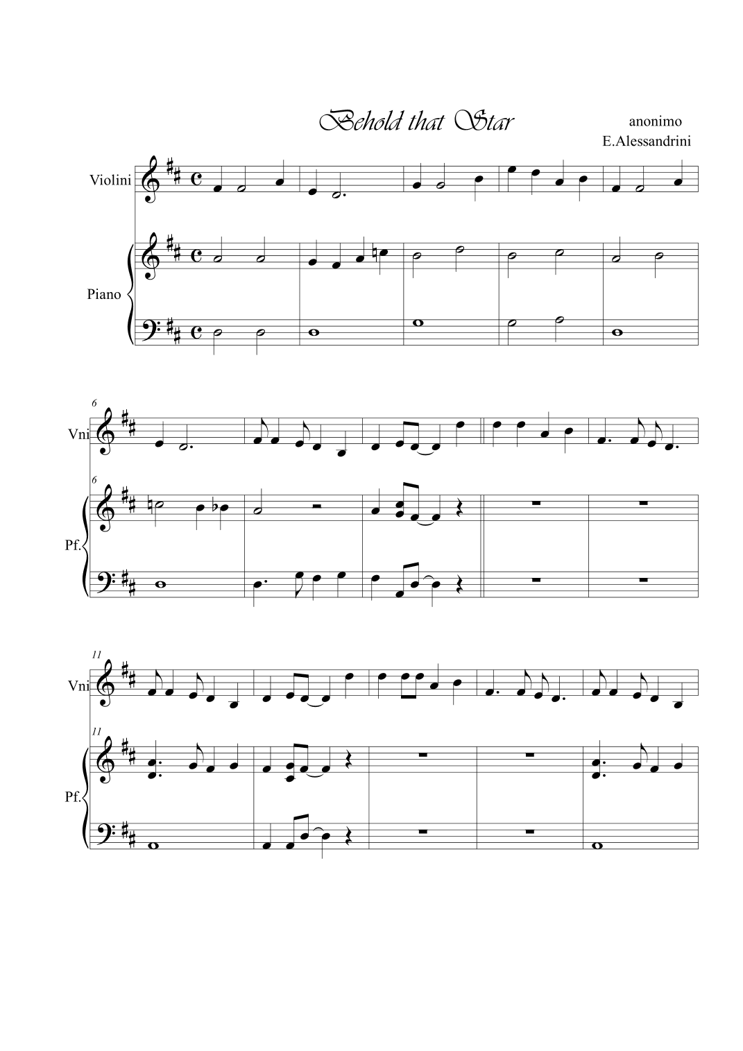 Behold that star. Violin and piano (arr. Ester Alessandrini)