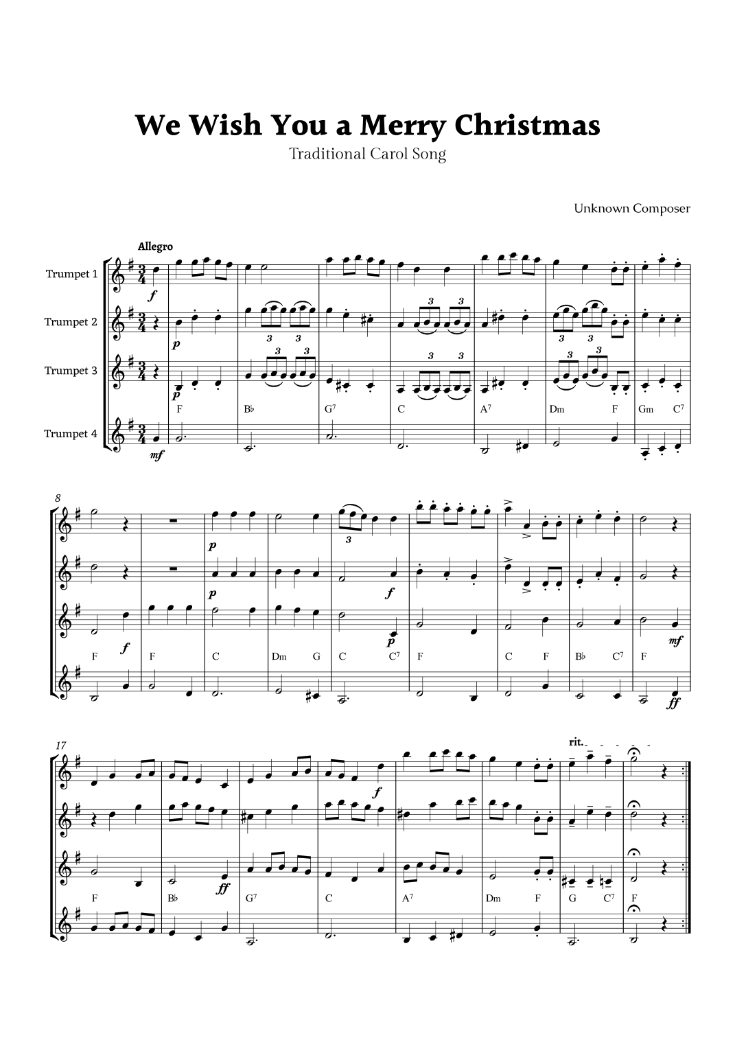 We Wish you a Merry Christmas for Trumpet Quartet with Chords (arr. Rika K.)