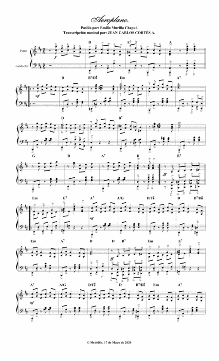Aeroplano. Pasillo colombiano por Emilio Murillo Chapul (arr. Juan Carlos Cortés A.)