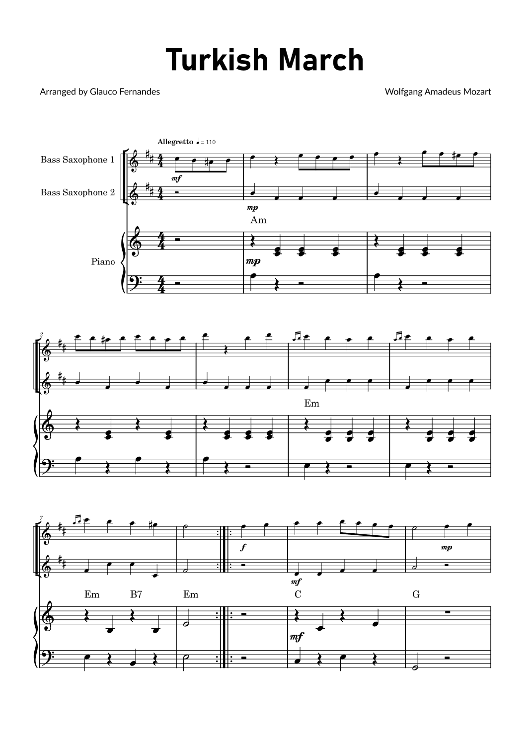 Turkish March by Mozart - Bass Saxophone Duet with Piano and Chord Notations (arr. Glauco Fernandes)