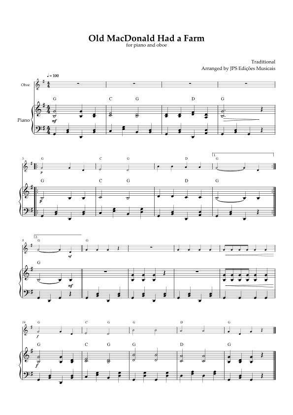 Old MacDonald Had A Farm for piano and oboe (arr. JPS Edições Musicais)