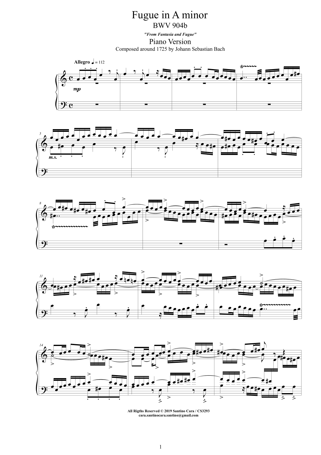 Bach - Fugue in A minor BWV 904b - Piano version (arr. Santino Cara)