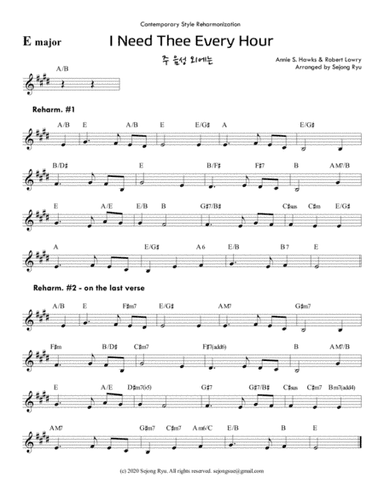 I Need Thee Every Hour (Reharmonization Lead Sheet) 주 음성 외에는 (arr. Sejong Ryu)