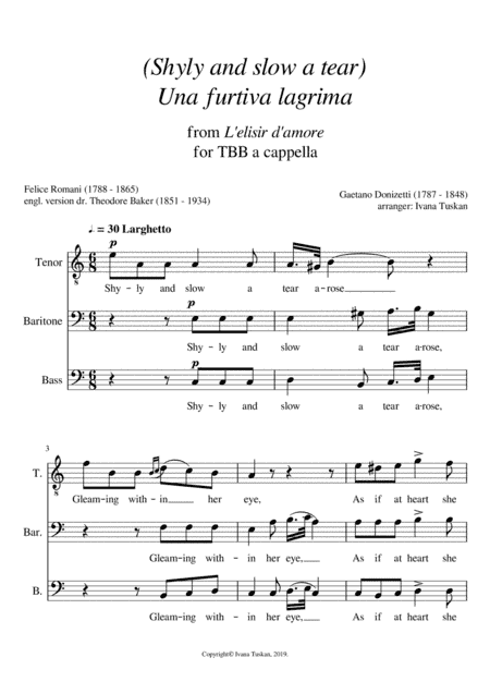 Shyly and slow a tear (Una furtiva lagrima) TBB a cappella, A minor (arr. Ivana Tuskan)
