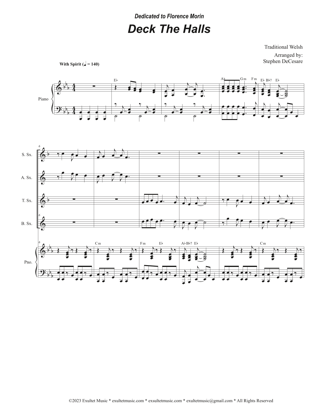 Deck The Halls (Saxophone Quartet and Piano) (arr. Stephen DeCesare)
