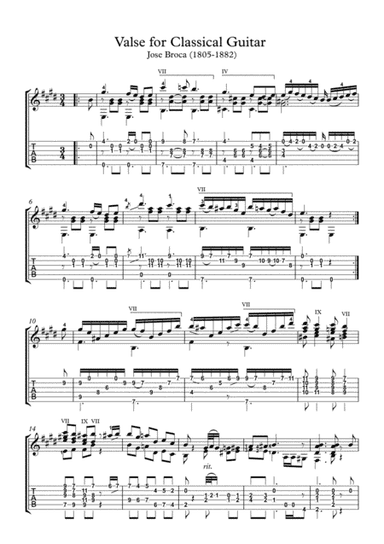 Valse for Classical Guitar with tablature (arr. PianoSheetNow)