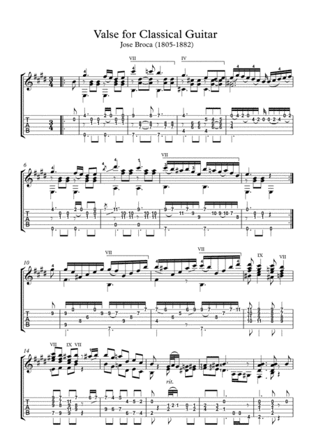 Valse for Classical Guitar with tablature (arr. PianoSheetNow)