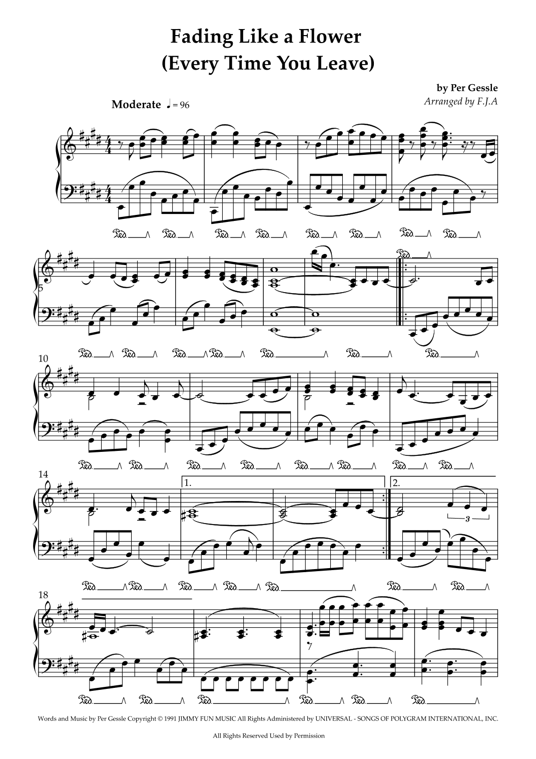 Fading Like A Flower (every Time You Leave) (arr. F.J.A)