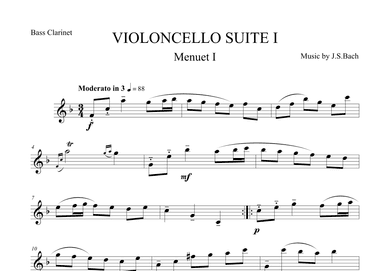 Menuet I from Violoncello Suite I by J.S.Bach for Bass Clarinet (arr. The Sheet Music Library)