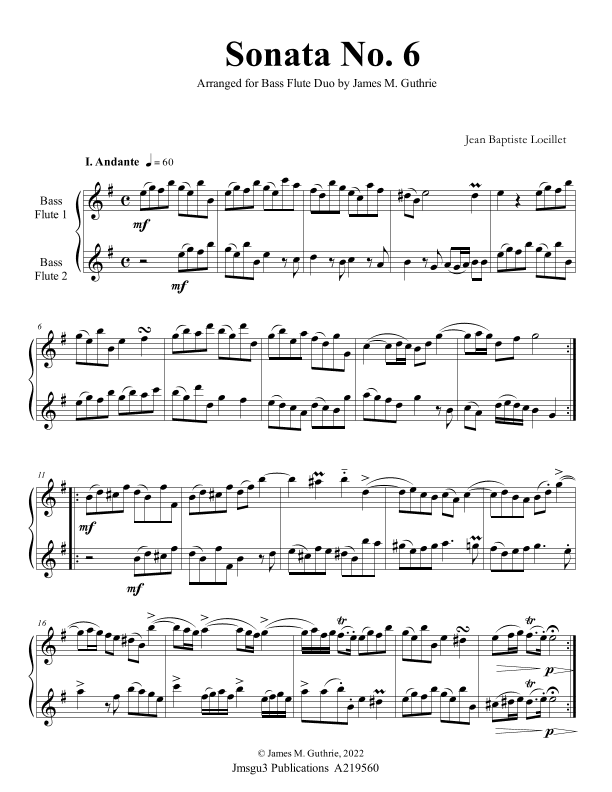 Loeillet: Sonata No. 6 for Bass Flute Duo (arr. James M. Guthrie)