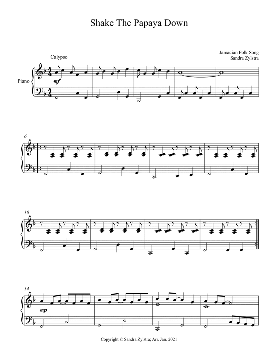 Shake The Papaya Down (piano part only) (arr. Sandra Zylstra)