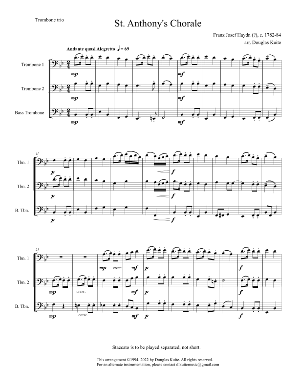"St. Anthony's Chorale" for trombone trio (arr. Douglas Kuite)