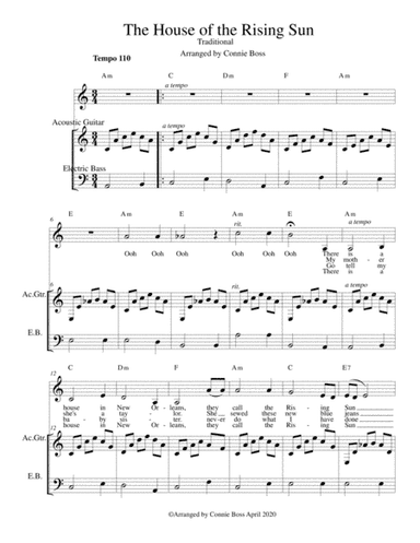 The House of the Rising Sun - solo, guitar and bass (arr. Connie Boss)
