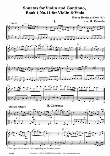 Sonatas for Violin and Continuo, Book 1 No.11 for Violin & Viola (arr. Mikio Kamada)