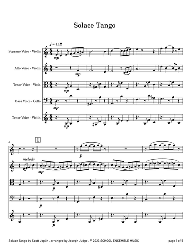 Solace Tango by Scott Joplin for String Quartet in Schools (arr. Joseph Judge)